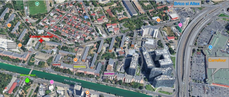 Hartă din satelit a zonei, cu locurile marcate: Căminul P5-6, magazinul de sub gang, Livrări Regie 2, cantina și Livrări Regie, Pub 18, cabinetul medical, intrarea în campus, Brico și Altex și Carrefour.
