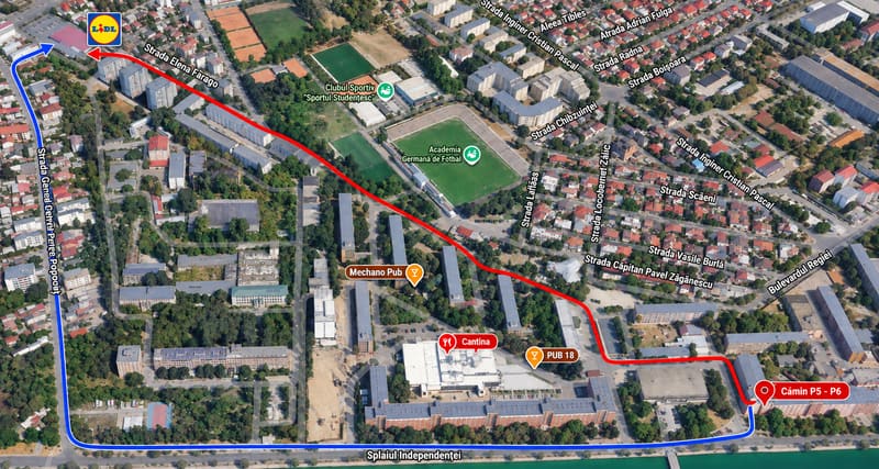 Două trasee de la Căminul P5-6 până la Lidl: cu roșu pe lângă cantină și Pub 18, pe strada Elena Farago, și cu albastru pe Splaiul Independenței.