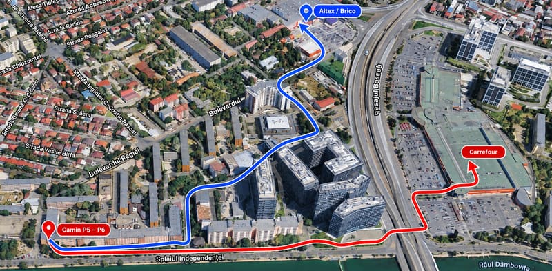 Traseele de la Căminul P5-6: cu roșu până la Carrefour, pe Splaiul Independenței, și cu albastru până la Altex și Brico.